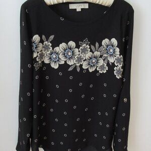 Loft black white floral semi-sheer scoop neck long sleeve poly top *Sz S*